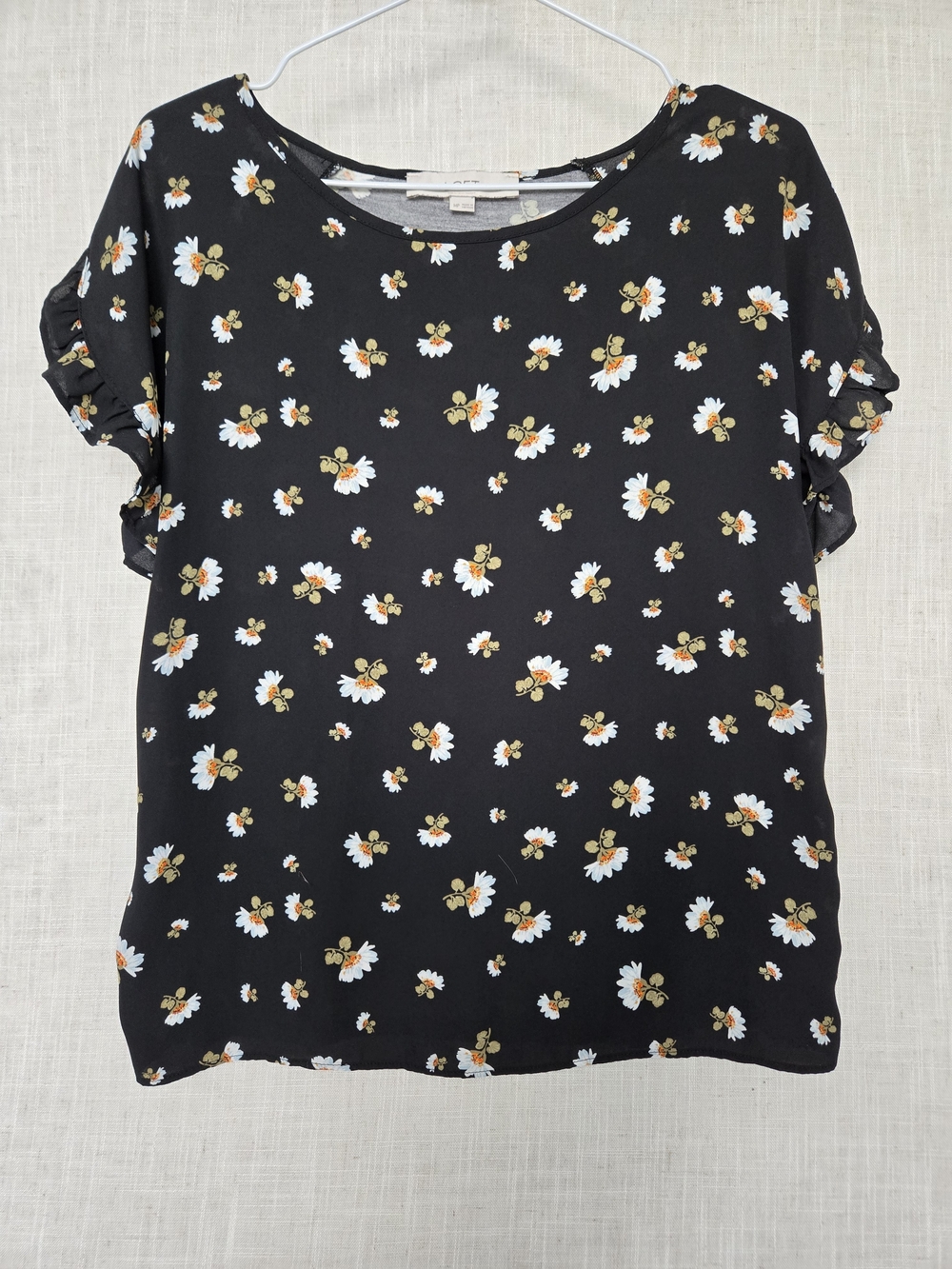 LOFT Black Daisy Print Floral Lily Petal Cap Sleeve Blouse Womens Petite Size MP